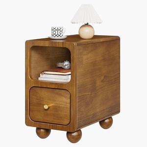 Modern Minimalist Teak Wood <b>Bedside</b> <b>Table</b> with Storage Drawer Open Shelf and <b>Rounded</b> Leg Design - Product Image 1