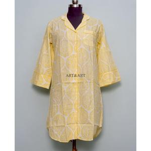 100% Pure Cotton Long Shirt <b>Dress</b> V-Neck 3/4 Sleeve Button Front belt Style Evening Formal Block Printed flare sleeves for women - Product Image 4