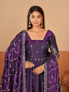 Purple Silk Anarkali <b>Suit</b> With Embroidered Dupatta Traditional Indian <b>Wedding</b> <b>Dress</b> <b>Women</b> Floor-Length Regular Fit - Product Image 3