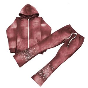 Survêtement unisexe gris foncé à capuche avec fermeture éclair intégrale, sweat-shirt avec poches latérales et pantalon de jogging à imprimé pois, tenue décontractée pour l'automne - Product Image 3