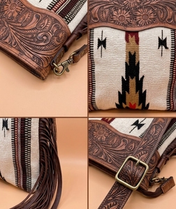 Hand Tooled Fringe Bohemian Saddle Bag Aztec Pattern Leather Trim Zipper Crossbody Shoulder <b>Handbag</b> for Women Travel Portable - Product Image 3