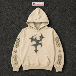 Sudadera con Capucha Extra Grande Beige Personalizada con Diseño de Cruz Gótica con Tachuelas y Adornos de Diamantes de Imitación, Sudadera Estilo Streetwear para Hombre - Product Image 5