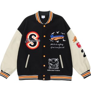 เสื้อแจ็คเก็ตวาร์ซิตี้สีกรมท่า แดง ขาว สำหรับผู้ชาย แขนหนัง PU สไตล์พรีปปี้ ซิปด้านหน้า ปกคอพับ ใส่ได้ในฤดูใบไม้ร่วง - Product Image 2