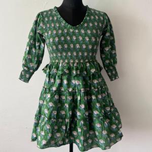 Womens 100% Cotton Hand <b>Block</b> <b>Print</b> Bobbin Dress Knee Length Smocked Boho Dress Tiered Summer Dress hand <b>block</b> pure cotton dress - Product Image 2