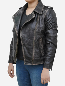Chaqueta de Motociclista para Mujer, de Cuero Genuino Negro Envejecido, Impermeable y Transpirable, Estilo Vintage, Talla Grande, para Primavera - Product Image 2