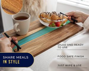 Blue Resin + Acacia Wood Serving Board with Handles - 16x9 Serving Tray for Food, Breakfast in Bed, <b>Coffee</b> <b>Table</b>, Decor, - Product Image 1