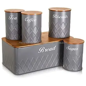 White Metal Iron Large Kitchen Countertop Bread Box and 3 Piece Sugar Tea Coffee Containers Sets