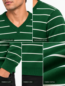 Livster <b>Mens</b> Winter 100% Cotton Dark Green V Neck Striped Knitted <b>Sweater</b> Classic Full Sleeve Pullover <b>White</b> Horizontal Stripe - Product Image 4