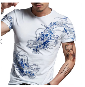 T-shirt blanc à manches courtes pour homme, col rond, imprimé dragon bleu, coupe ajustée, vêtement décontracté, respirant, tissu jersey 100% coton - Product Image 6