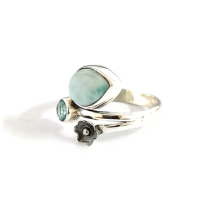 Handmade <b>Solid</b> 925 <b>Silver</b> Ring Real Larimar Teardrop Round Blue Topaz Flower Wrap Band Jewelry JAIPUR <b>SILVER</b> - Product Image 2