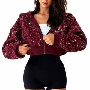 Women’s Decorative Rhinestone Cropped Hoodies Low MOQ Fashion USA Custom Hooded Zipper Knitted Polyester <b>Sparkly</b> Hotfix <b>Jacket</b> - Product Image 1