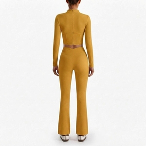 <b>Women</b> Workout Set Long Sleeve Stand Collar Crop Top High Waist <b>Flare</b> <b>Leggings</b> Stretch Sportswear Fitness Apparel - Product Image 6