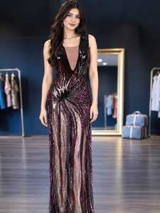 Elegant <b>Floral</b> V-neck Evening <b>Dress</b> Sleeveless Line Silhouette Midi Fringe Beaded Sequin Tulle Embroidery Front Party Ball - Product Image 3