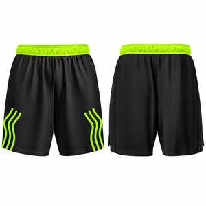 Pantalones cortos deportivos negros de fútbol para hombre OEM con cintura verde neón y rayas laterales, de secado rápido, cintura elástica, longitud media, tejidos. - Product Image 1