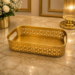 Juego de 2 bandejas de servir redondas decorativas de metal dorado, bandejas de presentación de lujo para mesa, para el hogar, hotel, restaurante, fiestas - Product Image 1