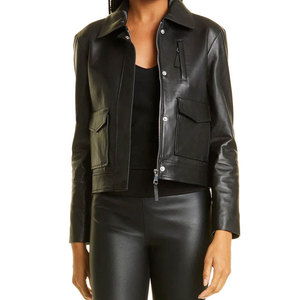 Blouson de motard en cuir véritable pour femme, col rabattu, fermeture éclair, manches longues, coupe courte, vêtement d'extérieur pour moto - Product Image 1