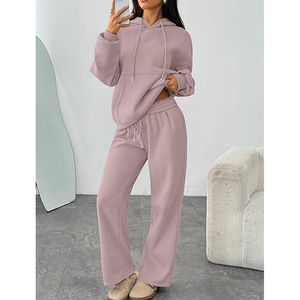 Conjunto de Sudadera Oversize Lisa para Mujer y Pantalones de Chándal de Pierna Ancha de Algodón Afelpado, Estilo Urbano, Proveedor Mayorista - Product Image 4