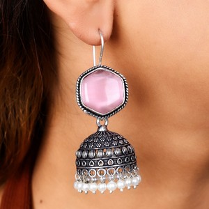 OEM ODM Oxidized <b>Silver</b> Pink Stone Jhumka <b>Earrings</b> Indian Ethnic Jewelry Manufacturer Exporter - Product Image 1