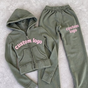 Custom Logo Winter Distressed Full Zip Pullover <b>Towel</b> Embroidery Tracksuit 2 Pieces Cozy Cropped Hoodie Sweatpants Set Women - Product Image 4