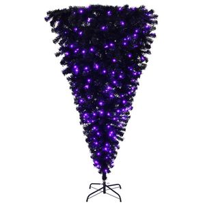 Albero di Natale Artificiale Pre-Illuminato da 6 Piedi, Invertito, Nero, con 250 Luci Viola e Decorazioni di Zucca e Teschio - Product Image 3