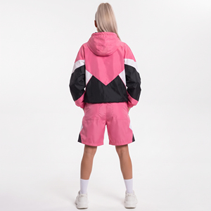 Ensemble de survêtement pour femmes, rose, noir, blanc, couleur contrastée, à capuche, fermeture éclair, coupe-vent, short, léger, sportif, décontracté, deux pièces - Product Image 4