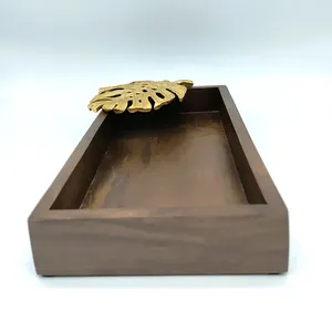 Plateau de décoration moderne pour la maison, plateau de table basse de luxe, plateau organisateur en bois, plateau de service avec accent feuille métallique - Product Image 2