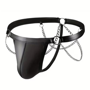 Jockstrap de Cuero Negro para Hombre con Detalle de Cadena Metálica y Anillo en O, Estilo Punk, Ropa Deportiva para Club, Precio al por Mayor - Product Image 1