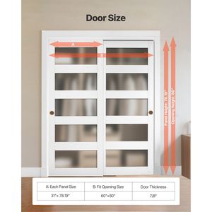 60\" X 80\" 5 Lite Frosted Glass Bypass Sliding Closet Door Hardware <b>Kit</b> with Solid Floor Guide 31\" Double <b>Rolling</b> Open Style - Product Image 2