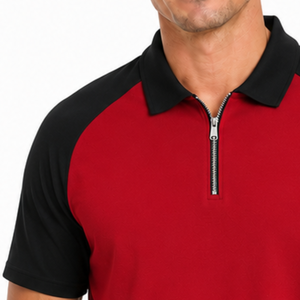 Polo de manga corta para hombre, de alta demanda, con cremallera de un cuarto, estilo raglán, en rojo y negro, transpirable, para golf. - Product Image 3