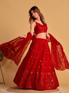 <b>Red</b> <b>Sequin</b> Georgette Lehenga Choli Semi Stitched Indian Outfit Embroidered Two Piece Reception Wear - Product Image 1