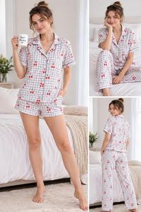 Conjunto de Pijama de Algodón de 3 Piezas para Mujer, Manga Corta, Corte Holgado, Cuello Cuadrado, Casual, Ecológico, Antiestático, para Todas las Temporadas - Product Image 2