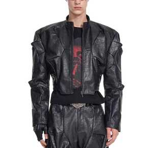Veste en cuir véritable pour homme, style motard, col rabattu, fermeture éclair, patchwork embossé, coupe ajustée, longueur normale, printemps - Product Image 1