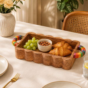 Premium Acacia Wood Decorative Serving <b>Tray</b> with Polyester Wrapped Handles | Handmade Snack Serving <b>Tray</b> for Home And Restaurant - Product Image 4
