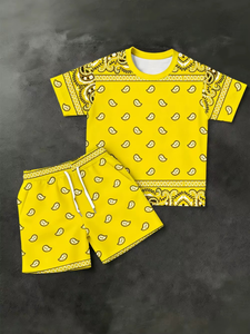 Mens 2-Piece Knitted Polyester/Cotton T-Shirt Set Slim Fit Casual Summer Crew Neck Digital Printing 220-240 Grams Fabric Weight - Product Image 3