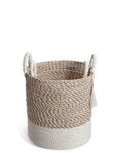 Eco Friendly Hand Woven Seagrass <b>Basket</b> Set Featuring <b>White</b> and Natural Pattern Storage <b>Laundry</b> Hamper Container Bin - Product Image 2