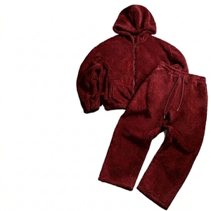 KIingSen OEM Custom Embroidery Breathable <b>Knitted</b> 360g Winter Men's Sherpa Fleece Zip-Up Hoodie Sweatpants Streetwear <b>Set</b> - Product Image 5