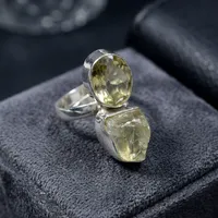Bague Statement Double Pierre en Quartz Citron et Argent Sterling 925, Faite à la Main, Pierre Naturelle, Bijou Bohème Élégant, Vente en Gros