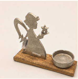 Handcrafted Decorative Angel Metal Candle Holder With Solid Wood Base Elegant Guardian Angel Figurine For Home Decor Centerpiece - Product Image 1