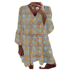 Precios Accesibles: Vestido de Verano Bohemio para Mujer, Estilo Resort, Manga Campana, Estampado a Bloques, Moda Gitana, Estampado a Mano - Product Image 4