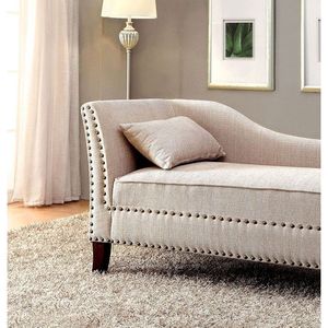 Chaise longue contemporanea in tessuto beige effetto lino con finiture a borchie per soggiorno moderno, include cuscino per panca - Product Image 2