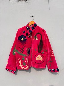 Handcrafted Pink Velvet <b>Jacket</b> for Women Premium Winter Wear Hand Embroidery Elegant Floral Motifs Front Zipper Closure - Product Image 1