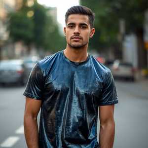 T-shirt pour homme à effet brillant, finition métallique, manches courtes, tee-shirt tendance avec personnalisation OEM ODM - Product Image 4