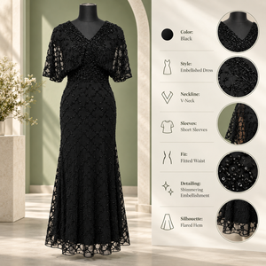 Robe de soirée élégante noire à col en V et perles |   Robe de soirée chic mi-longue à manches courtes, coupe trapèze, avec ourlet en dentelle transparente et design orné - Product Image 5