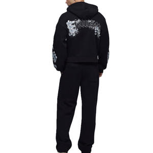 <b>Black</b> Floral printed Sleeve Zip <b>Hoodie</b> for Men Cotton Fleece Back Graphic Text Streetwear OEM Manufacturing Wholesale - Product Image 2