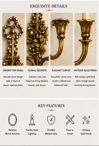 Applique murale de luxe en laiton antique à double bras, motif floral, style baroque vintage orné, support mural décoratif - Product Image 5