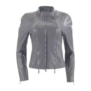 Chaqueta de Moto de Cuero PU para Mujer, Manga Larga, Cuello Alto, Cierre de Cremallera, Color Sólido, Estilo Otoñal, Largo Regular - Product Image 2
