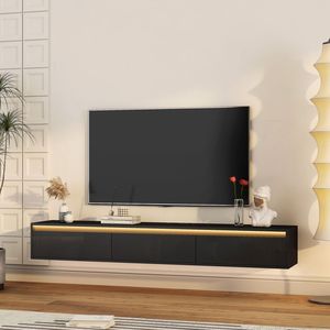 <b>Wall</b> Mounted TV Stand for Black TVs <b>Floating</b> LED Light Shelf with Power Outlet for Living Room Cabinets - Product Image 3