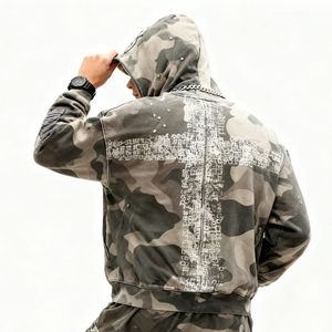 Sudadera con capucha OEM para hombre, estilo urbano, de invierno, gruesa, con cremallera, efecto desgastado, vintage, con bordado personalizado, 100% algodón, color liso. - Product Image 2