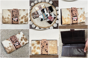 Custom Factory Price Wholesale Vintage Style Cowhide <b>Leather</b> Clutches New Hand <b>Tooled</b> <b>Leather</b> Floral Ladies Long Wallet Purse - Product Image 3