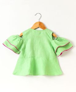 Ensemble de tenue pour filles, haut à épaules dénudées vert avec pantalon dhoti imprimé rose, tenue ethnique festive traditionnelle pour enfants - Product Image 3